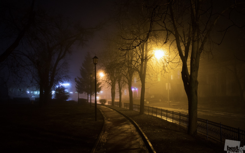 Ночной сквер в тумане.